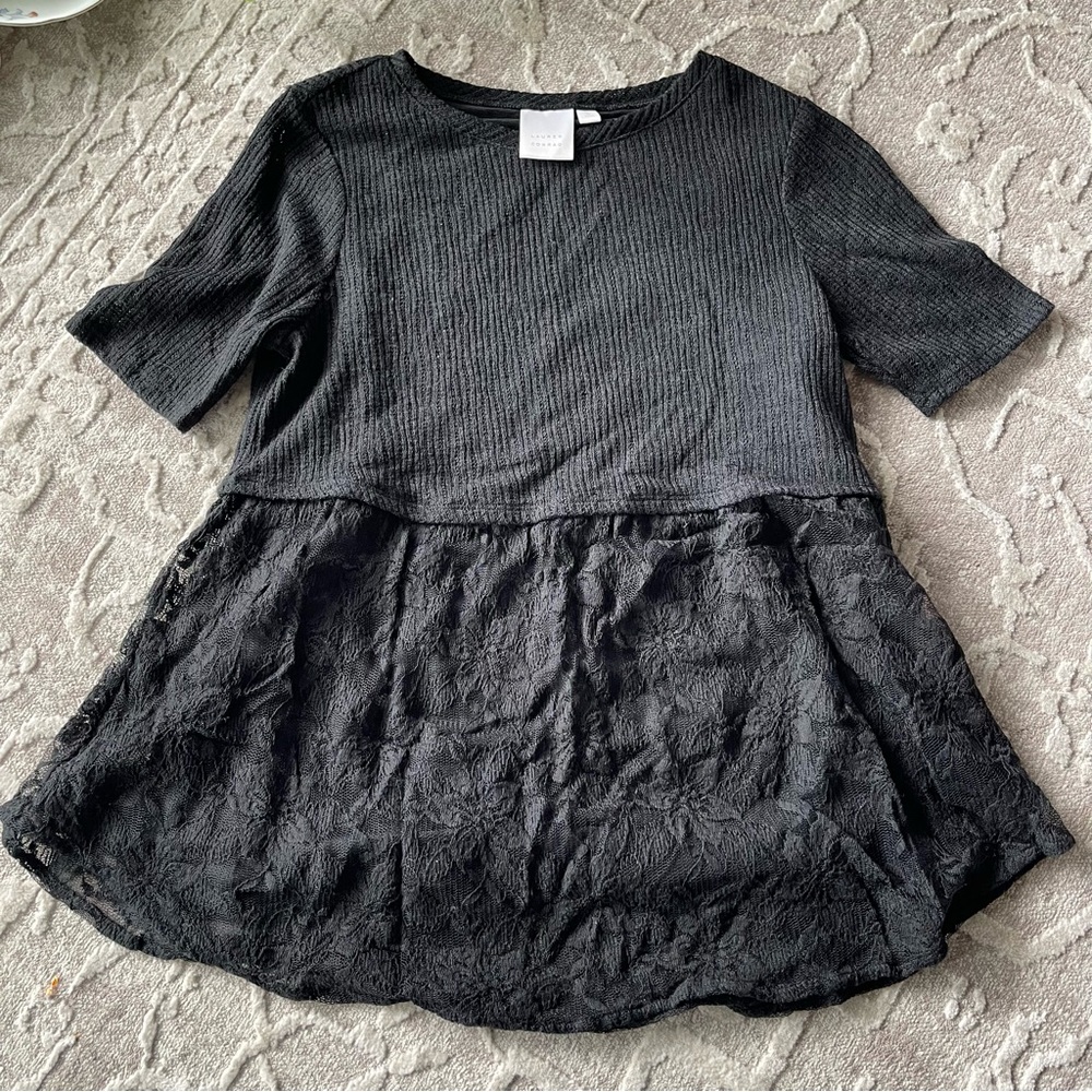 LC Lauren Conrad Black Ribbed Knit Lace Top Small